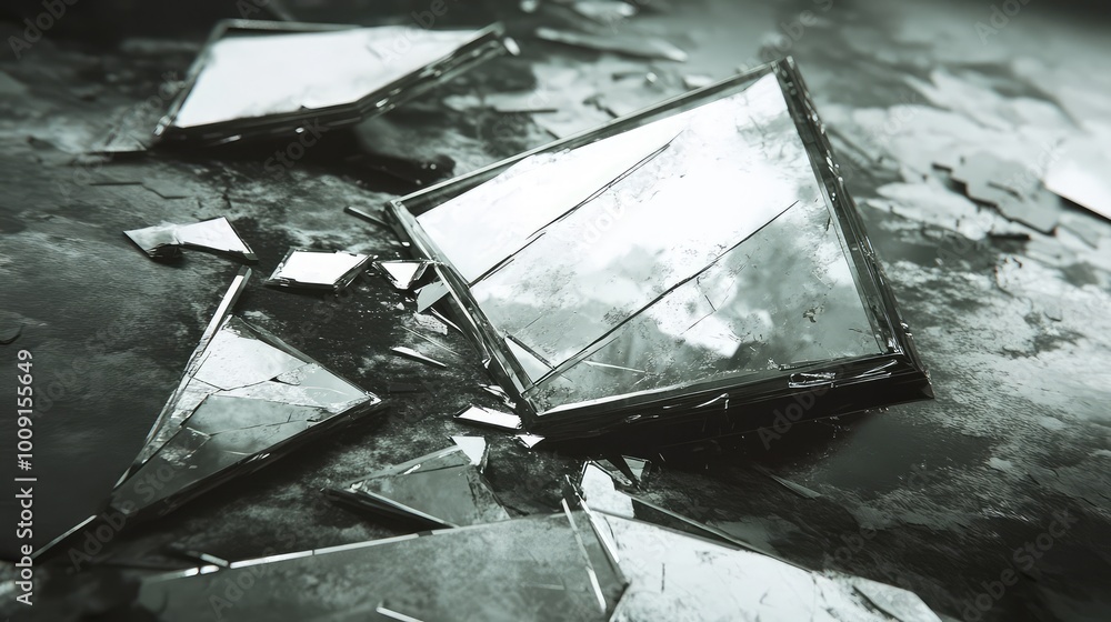 Poster shards of a broken mirror lie on a barren floor, each fragment reflecting alternate worlds and reali