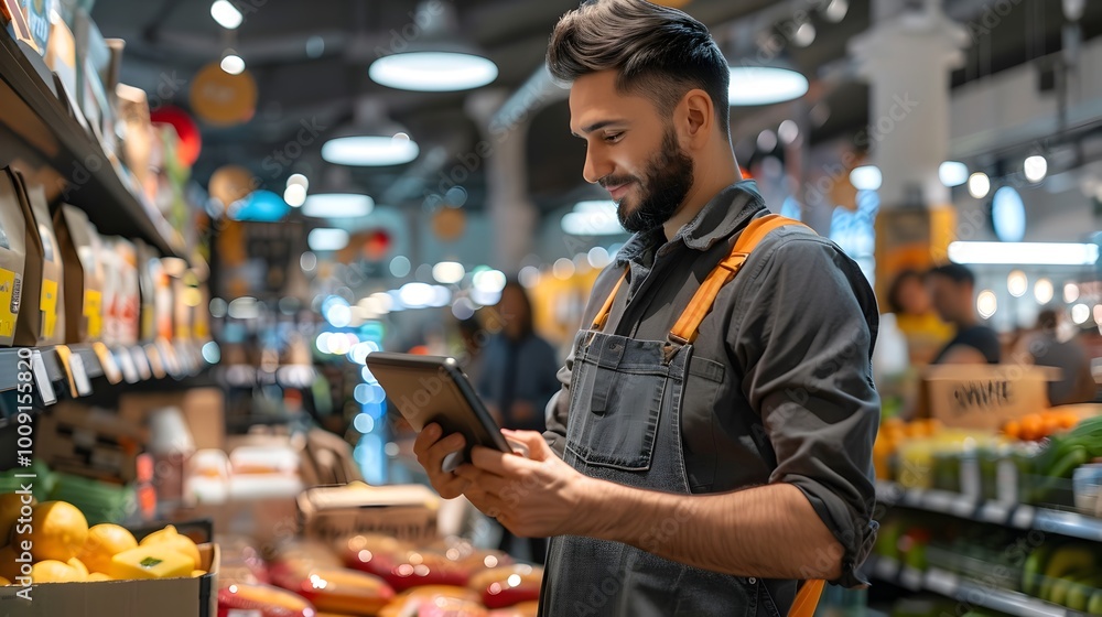 Poster retail worker using mobile system to assist customers on floor