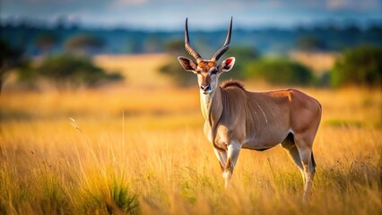Fototapeta premium Eland antelope grazing in Masai Mara Kenyan grass during dry season, tilted angle