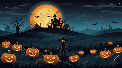 Fototapeta premium a scarecrow in a field at midnight, a Halloween scarecrow with pumpkins.
