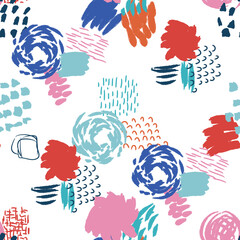 Colorful abstract brush stroke seamless pattern illustration. Modern paint line background. Messy sketch wallpaper print, freehand rough hand drawn texture.
