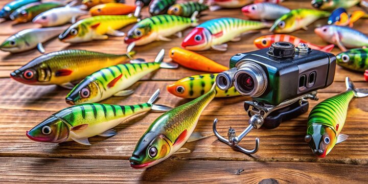 Colorful perdigones arranged in a creative pattern on a wooden surface for fishing and sports use