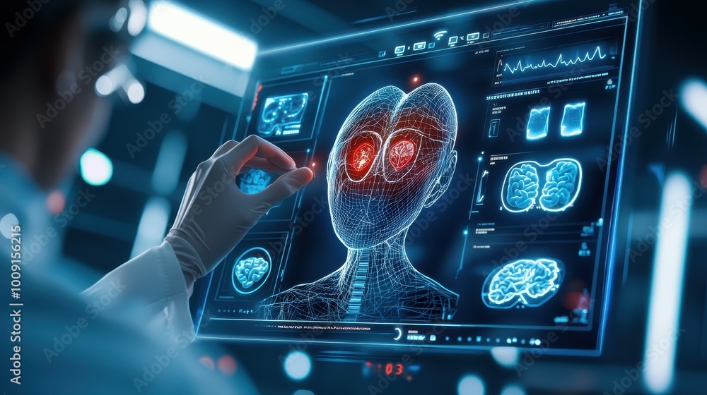 Poster a scientist examines a 3d model of a human brain on a computer screen.