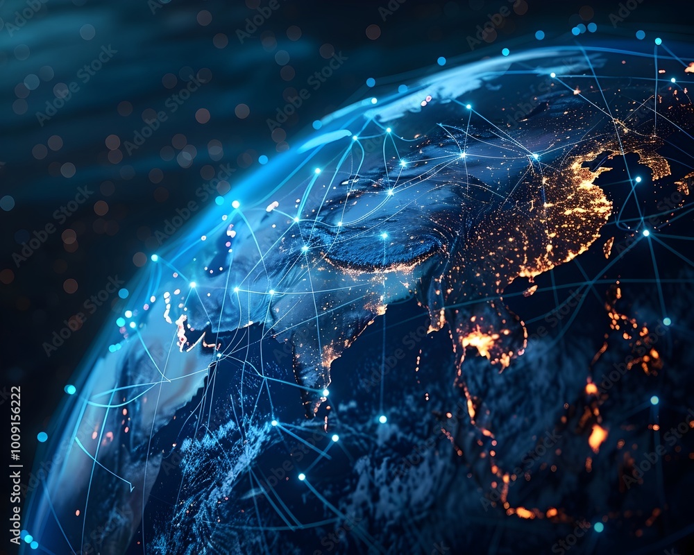 Poster glowing digital grid overlaying the planet earth representing interconnected global technology and n