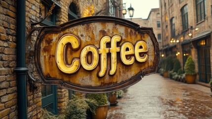 A rustic vintage sign with the word Coffee illuminated on a historic brick building wall along a charming, narrow alleyway on a misty day