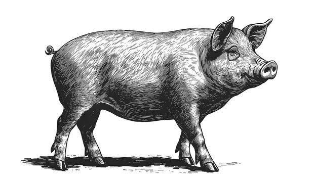 recommend clip art: Pig, hog, boar. Vintage retro print, black white pig sketch ink pencil style drawing, linear drawing, engrave old school. Sketch artwork silhouette pig, hog, boar. Side view profile. Illustration