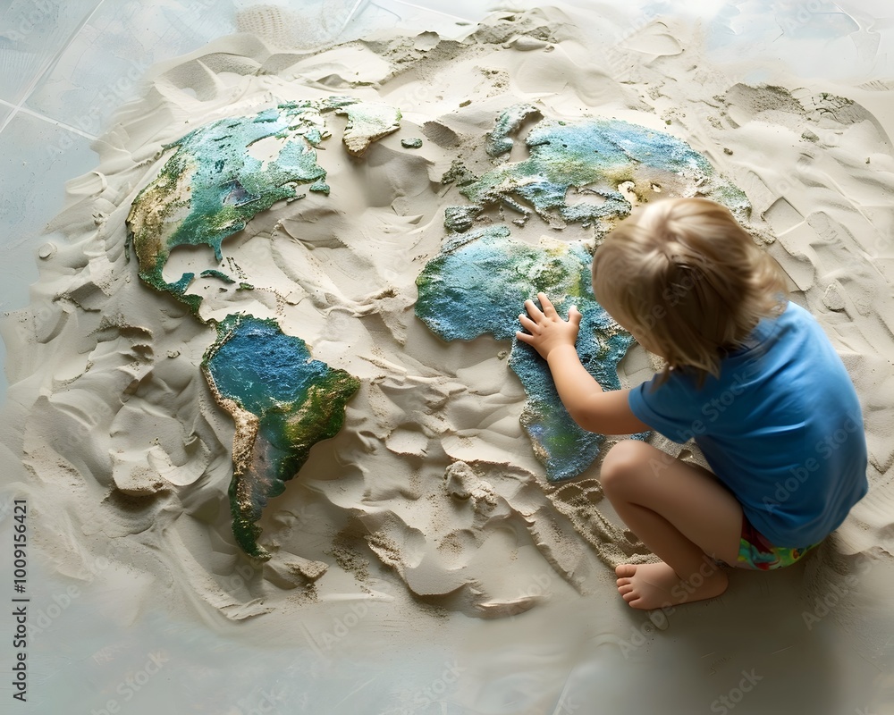 Poster exploring the world in a sandbox a child s playful interpretation of planet earth s ecosystem