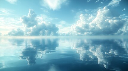 2. A surreal landscape where the sky merges with ocean reflections, capturing the ethereal beauty of water and air as one dreamlike scene with soft transitions between elements 