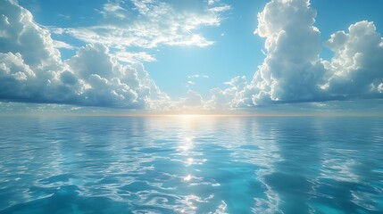2. A surreal landscape where the sky merges with ocean reflections, capturing the ethereal beauty of water and air as one dreamlike scene with soft transitions between elements 