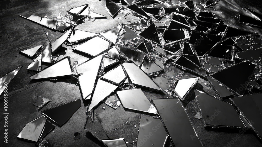 Poster shards of a shattered mirror scattered on the floor, reflecting alternate dimensions and realities i