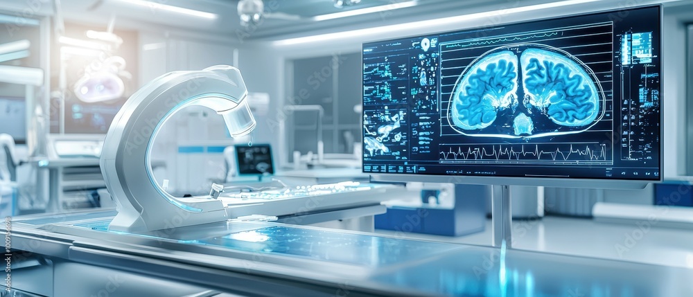 Poster a futuristic medical lab with a microscope and a monitor displaying a brain scan.