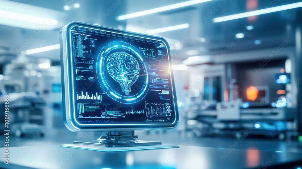 Aufkleber computer monitor displaying a digital brain in a futuristic medical setting.