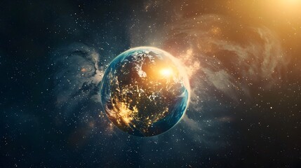 Naklejka premium Interconnected World Glowing Planet Earth at the Center of a Luminous Web of Energy and Life