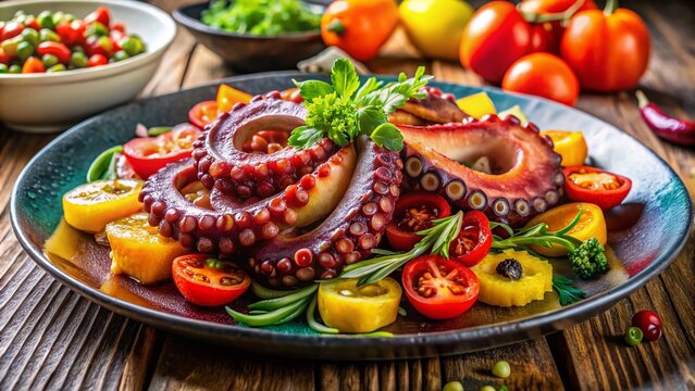 Colorful Polipo on a Plate Served with Fresh Vegetables and Garnish in a Gourmet Presentation
