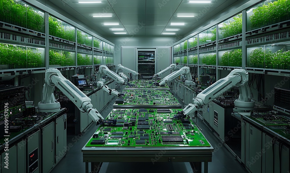 Leinwandbilder high-tech circuit board assembly line with robotic arms placing components