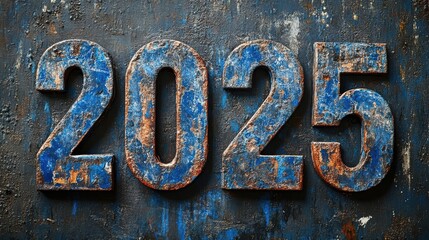 Heavily weathered metallic 2025 numbers with blue paint, displayed against a dark textured background, representing the coming year