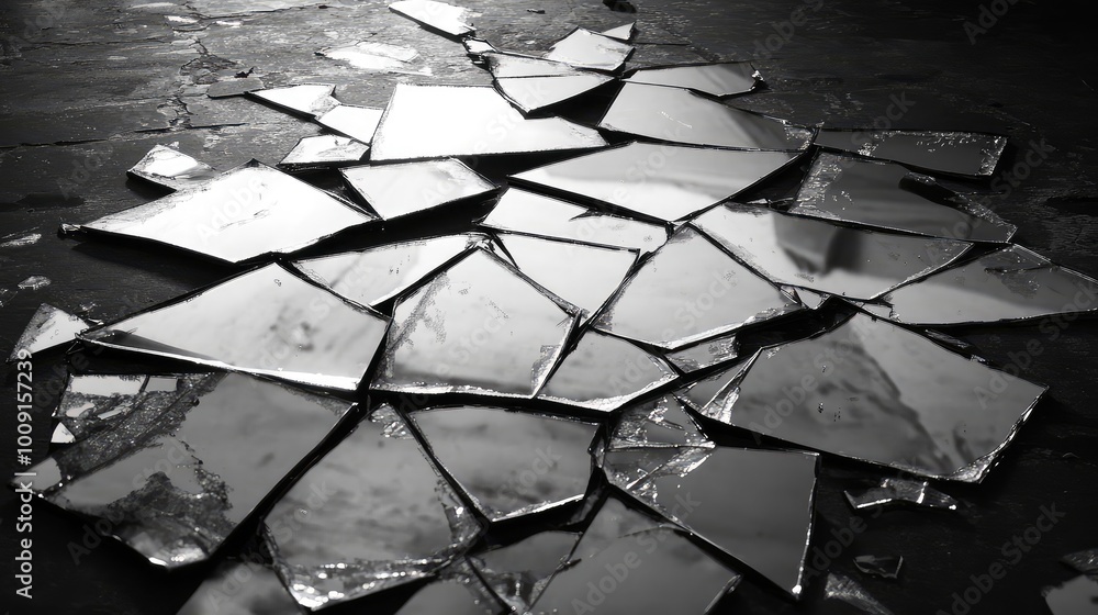 Poster shards of a shattered mirror scattered on the floor, reflecting alternate dimensions and realities i