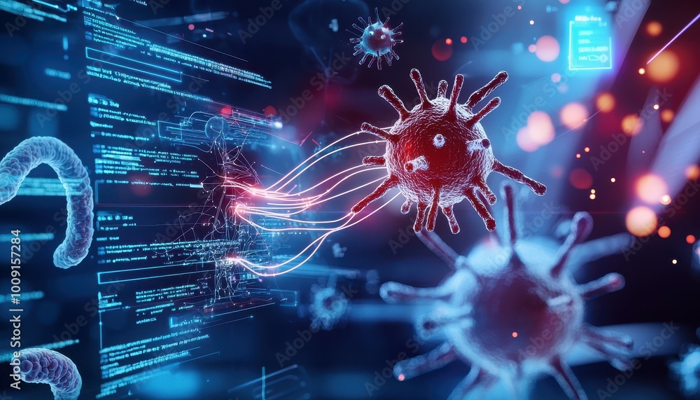 Poster a digital rendering of a virus with glowing tentacles, representing the spread of digital threats.