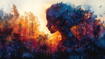 23. A wildlife scene where animals are layered within the silhouette of a person, forming an artistic fusion of natural beauty and human form in a dreamlike scene of peaceful coexistence 