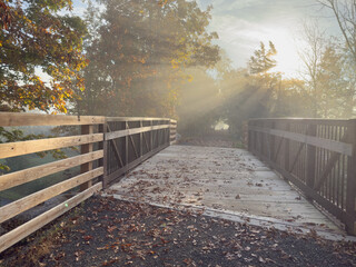 Fototapeta premium Sunlight peeking through autumn trees at Mohonk, New York showcasing beauty of autumn mornings