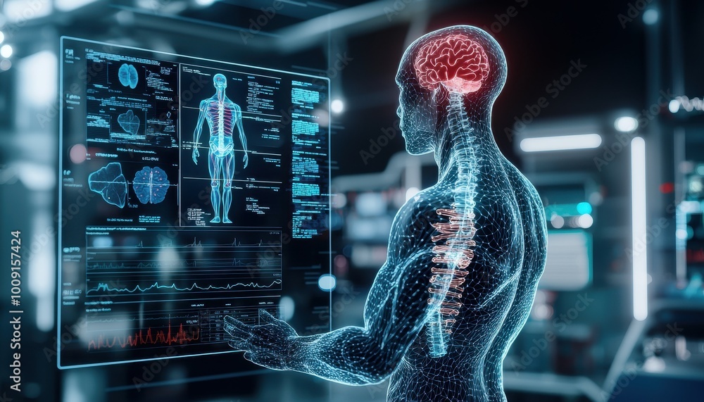 Aufkleber wireframe of a human body with highlighted brain, interacting with digital display.