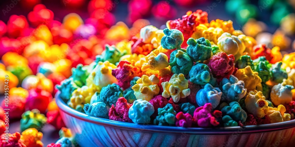Poster colorful popcorn in a virtual reality setting with vibrant colors and immersive entertainment vibes
