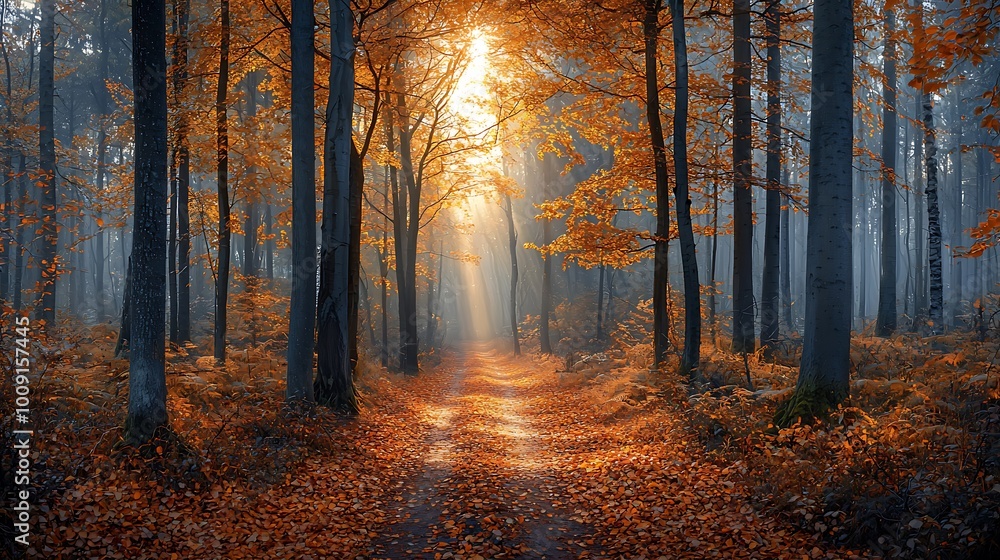 Poster an autumn forest path is bathed in sunlight, with soft fog drifting through the trees, creating a se