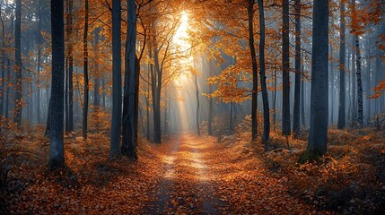 Obraz premium An autumn forest path is bathed in sunlight, with soft fog drifting through the trees, creating a serene, magical atmosphere.