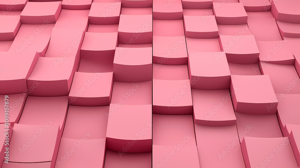 Poster the image contains a pink, abstract, 3d geometric pattern made up of rectangular shapes.