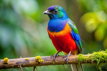 Obraz premium Colorful pycnonotidae perched on a branch, showcasing its vibrant plumage in a natural environment