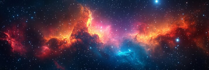 Fototapeta premium Vibrant Cosmic Landscape, a stunning deep-space scene filled with colorful stars and nebulas, showcasing sharp details against a soft backdrop