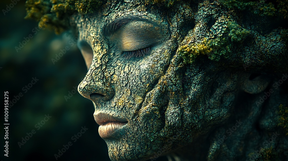 Wall mural 29. A peaceful harmony where tree textures blend into a human face, forming a serene and abstract connection between nature’s strength and personal identity in a surreal beauty 