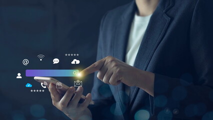 Search engine optimization, SEO, Searching Browsing Internet Data Information Networking Concept, Businessman use smartphone for find data on networking, copy space.