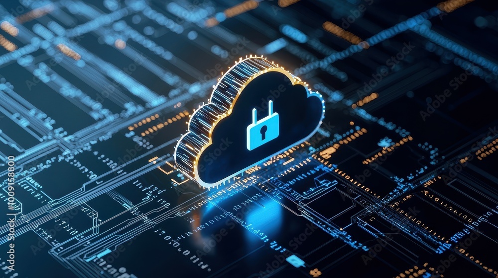 Poster a 3d rendering of a cloud with a lock symbol on top of a circuit board.
