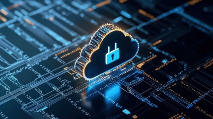 A 3D rendering of a cloud with a lock symbol on top of a circuit board.
