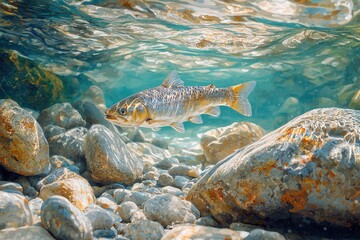 Obraz premium Tranquil underwater scene with a swimming fish among rocks