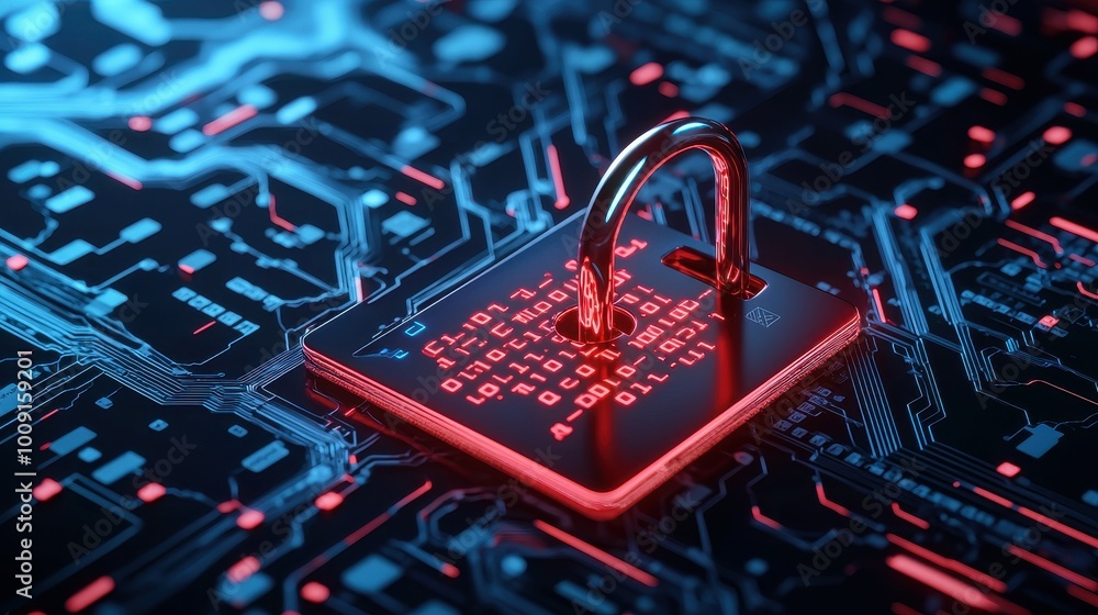 Poster a padlock sits atop a circuit board with glowing binary code.
