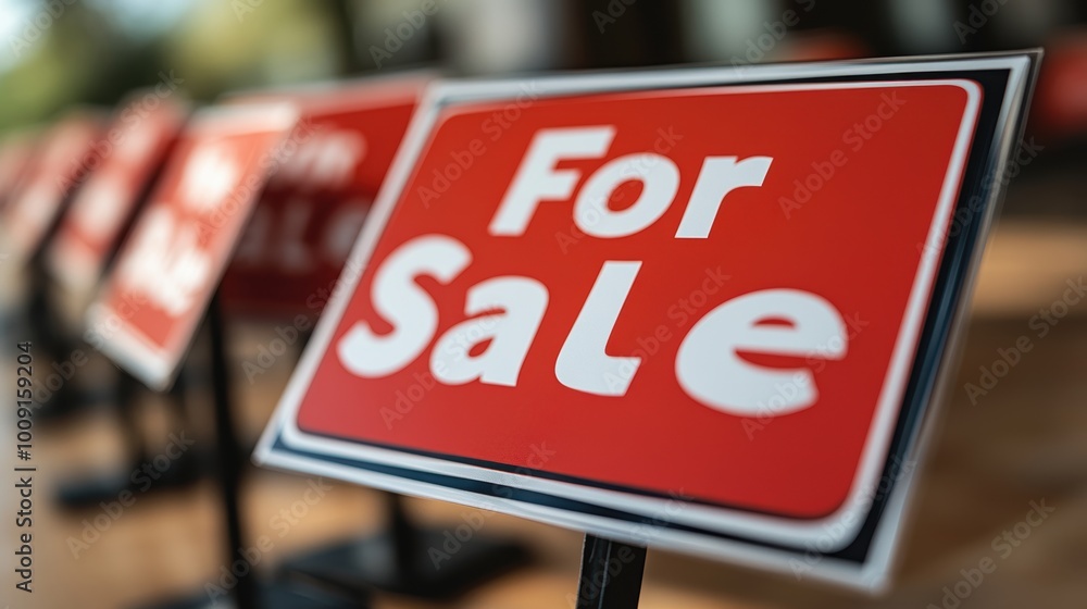 Wall mural multiple red and white for sale signs displayed prominently in a row on a wooden surface, indicating