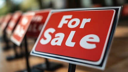 Multiple red and white For Sale signs displayed prominently in a row on a wooden surface, indicating various items or properties available for purchase