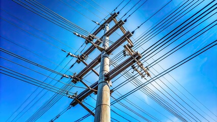 Electric pole and cables against clear blue sky
