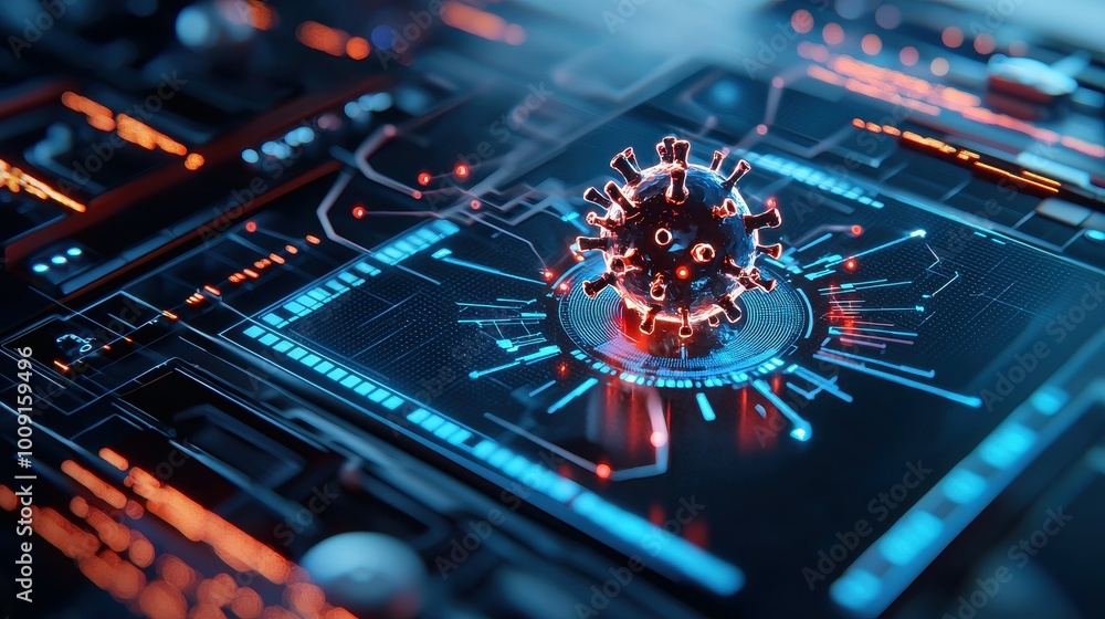 Poster a 3d render of a virus on a digital circuit board.