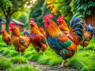 Colorful Salmon Faverolles Chickens Roaming Freely in a Lush Green Farmyard Setting