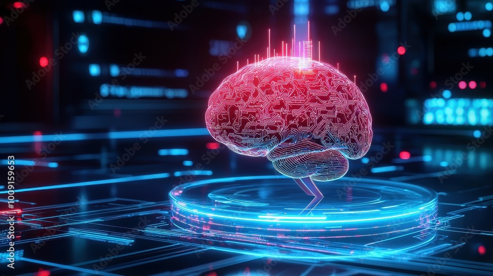 Poster a digital rendering of a brain with circuit board designs, glowing in shades of blue and red.