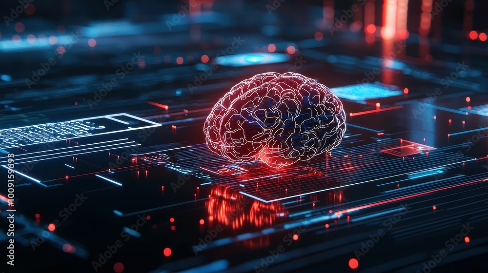 Poster a glowing brain sits atop a digital circuit board, a visualization of artificial intelligence.