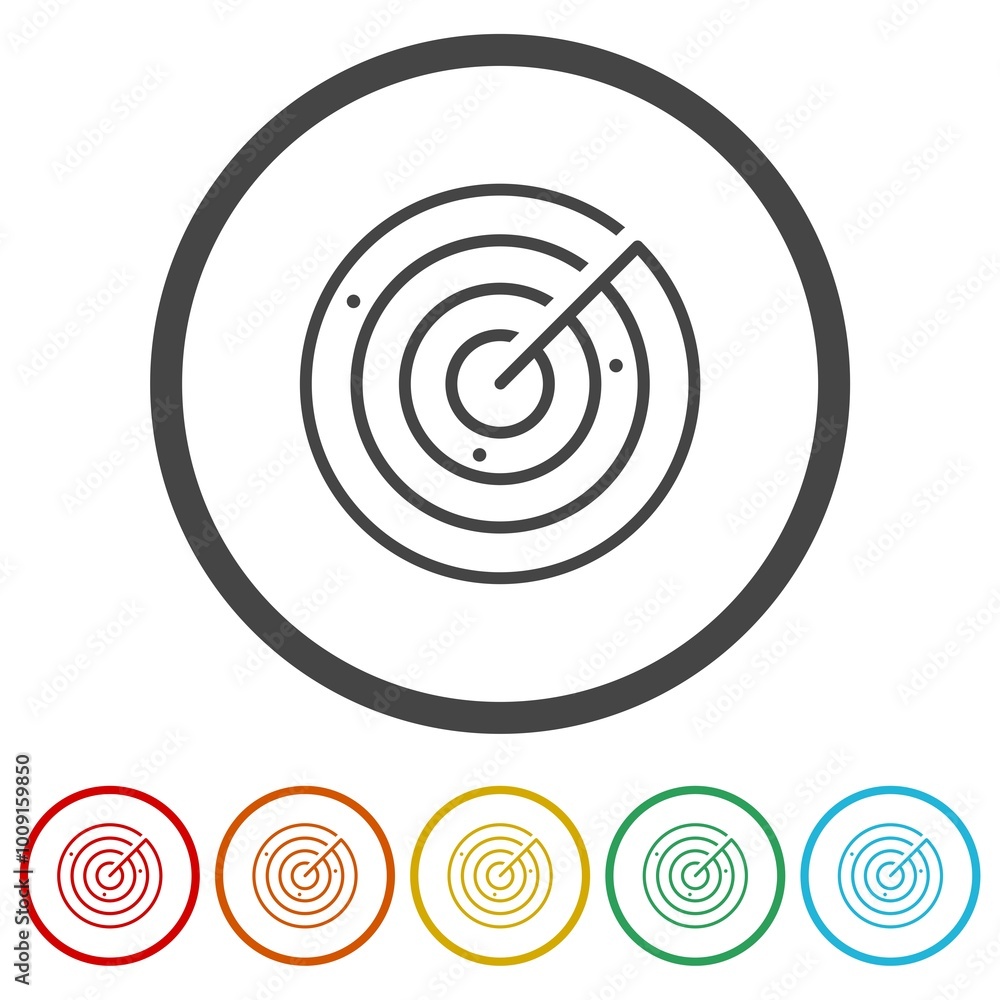 Poster radar screen with targets line icon. set icons in color circle buttons