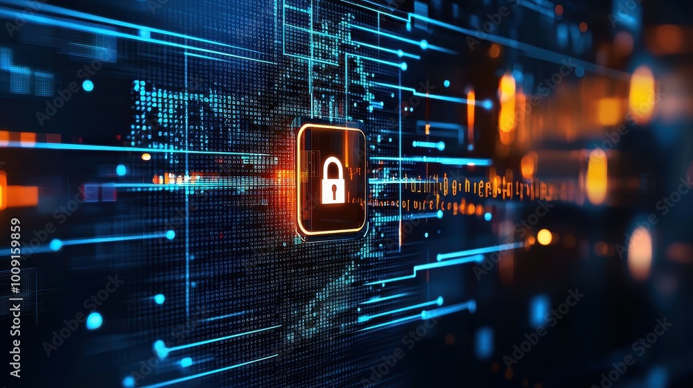Poster digital padlock icon glowing on a network of lines and data.