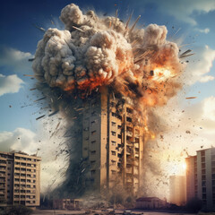 Dramatic explosion destroys a high-rise building in a bustling city