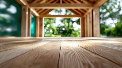 An inviting open wooden interior space with sunlight streaming in, providing a warm and cozy feel that beautifully frames the scenic natural surroundings.