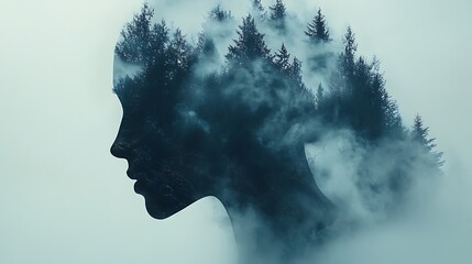 39. A mountain range with misty effects blending into the shape of a human silhouette, the transparent layers creating a surreal beauty that emphasizes the quiet power of nature 