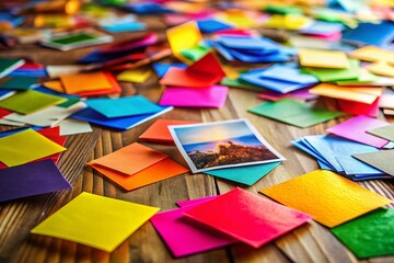 Fototapeta premium Colorful slips of paper scattered on the table for reminders, notes, or creative inspiration ideas